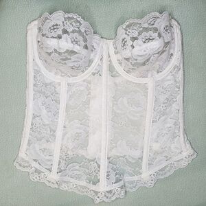 Vintage 90s Jezebel White Lace Lingerie Sheer Bridal‎ Floral Corset Ruffle 34 B